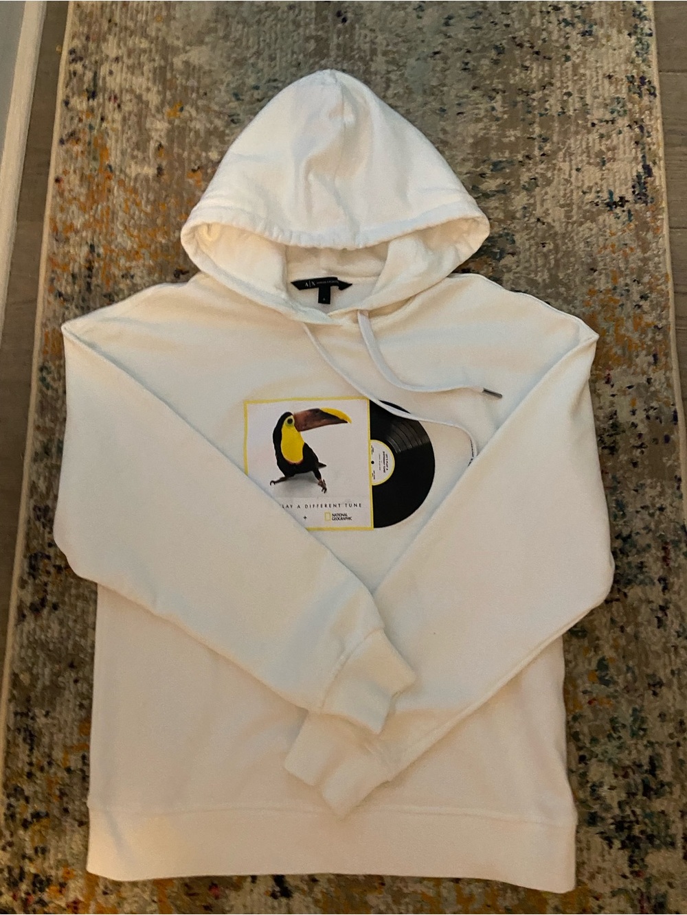 A/X Armani Exchange White Hoodie with Toucan & Vinyl Graphic